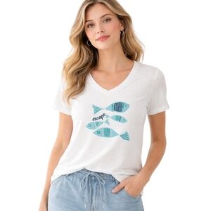 Escape by Habitat White V-Neck Fish Graphic Tee Shirt Size L